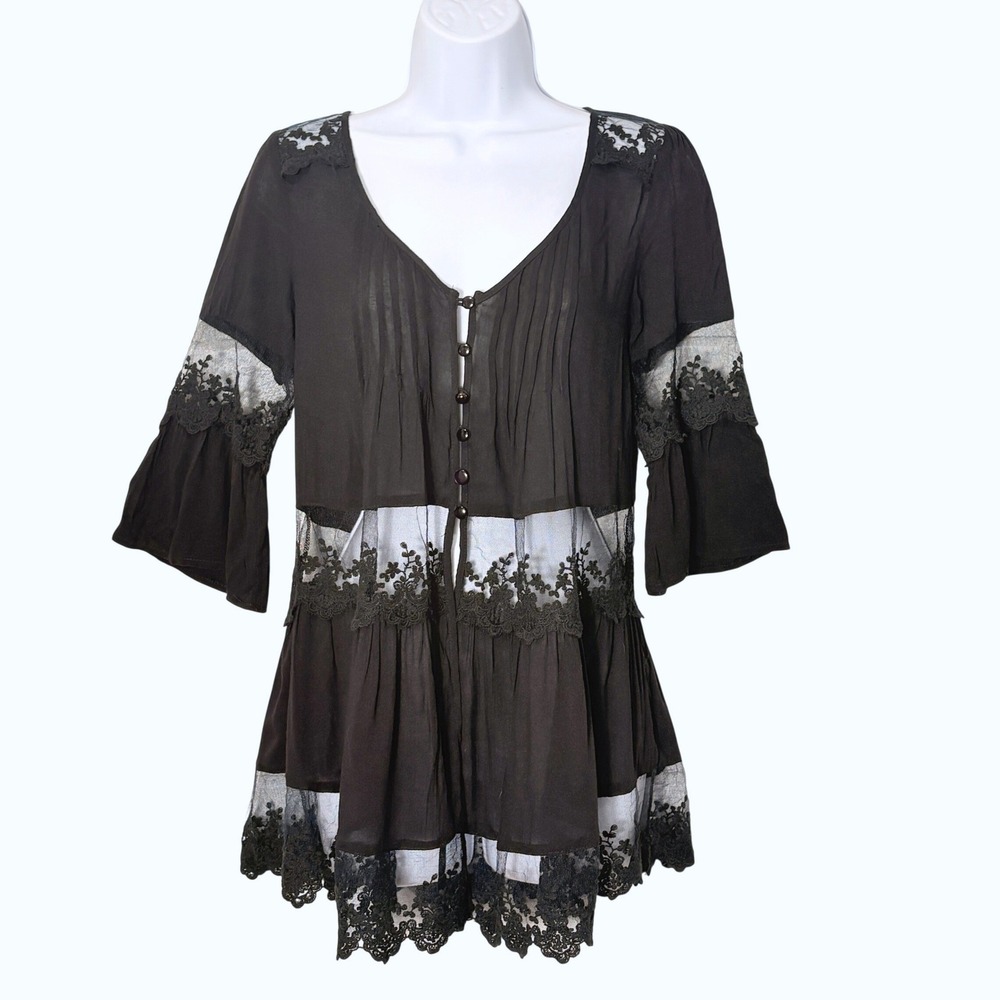 Womens Boho Whimsigoth Tunic Top Size Small Lace Mesh Bell Sleeve Witchy Gothic